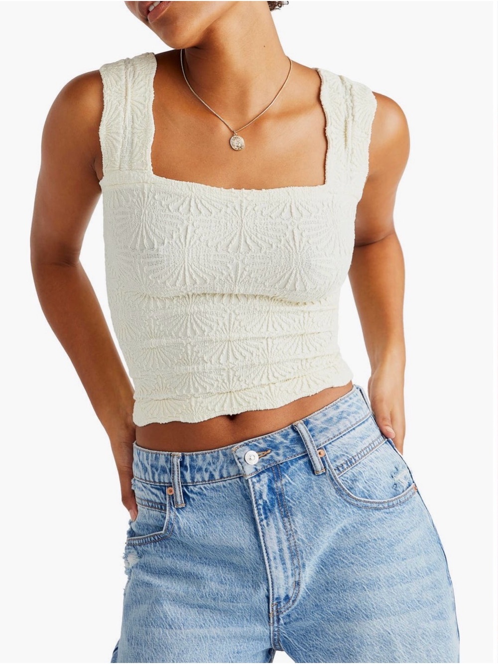 Free People Love Letter Floral Knit Square-Neck Tank Size XS/S in Ivory